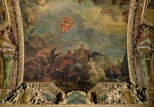 Los prósperos poderes vecinos de Francia, pintura del techo de la Galerie des Glaces de Charles Le Brun